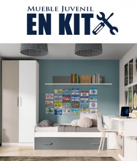 Dormitorio Juvenil con cama nido, armario, arcón y escritorio Ref ET14
