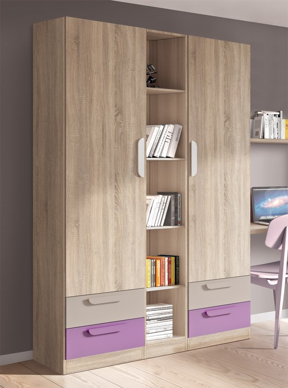 Dormitorio Juvenil con cama, armario con estantería central y