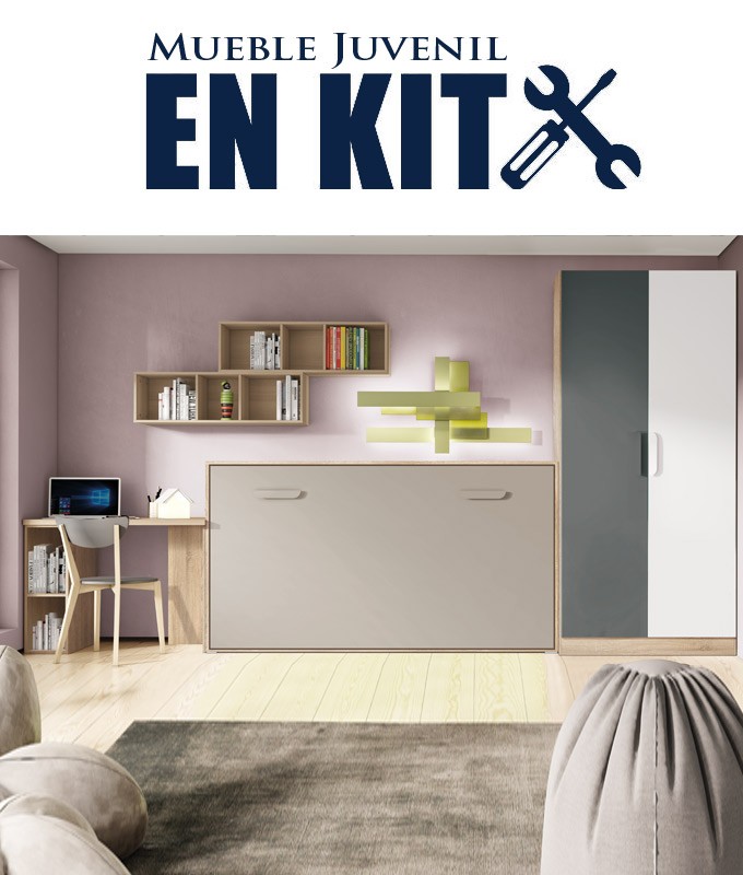 Dormitorio Juvenil con cama abatible, armario y escritorio Ref ET18