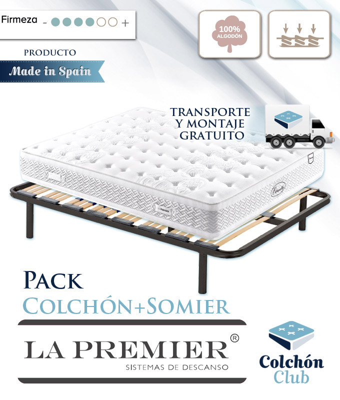 Pack La Premier Colchón con Núcleo HR, Nano Muelles y Algodón y Somier Multiláminas Ref LP14000