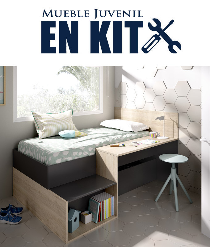 Dormitorio Juvenil con cama compacta, contenedores de almacenaje y escritorio Ref YK02