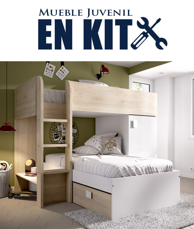 Dormitorio Juvenil con 2 camas, contenedores y armario Ref YK06
