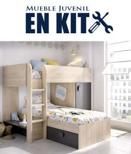 Dormitorio Juvenil con 2 camas, contenedores y armario Ref YK08