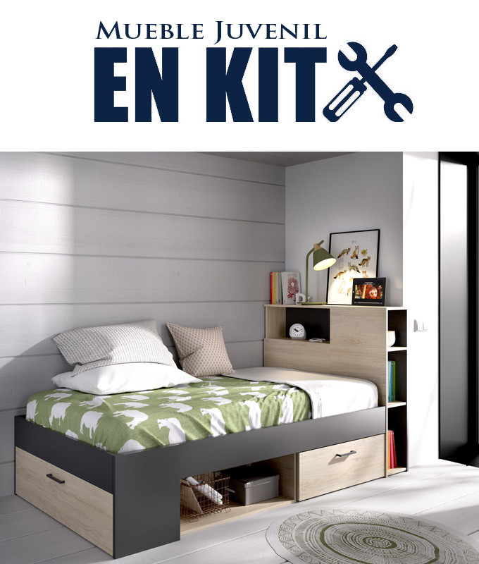 Dormitorio Juvenil con cama compacta con huecos de almacenaje Ref YK22
