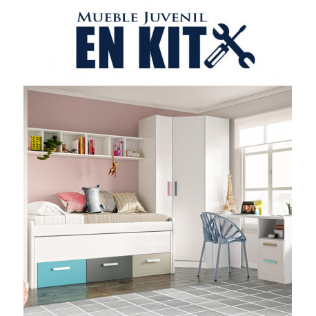 Aleta desierto garra Dormitorio Juvenil con cama compacta, armario rincón, estanterías y escritorio Ref ET05 Aleta desierto garra Dormitorio Juvenil con cama compacta, armario rincón, estanterías y escritorio Ref ET05