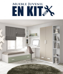 Dormitorio Juvenil con cama nido, armario y escritorio con cajonera Ref EB10