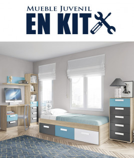 Dormitorio Juvenil con cama, estantería, xifonier y escritorio con cajonera Ref EB11