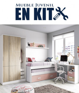 Dormitorio Juvenil con cama compacta, armario puertas correderas y escritorio Ref EB13