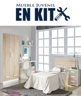 Dormitorio Juvenil con cabezal de 90 cm, mesita, armario 2 puertas y escritorio Ref EB16