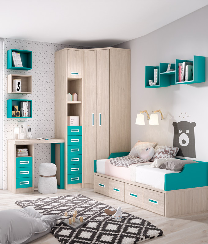 Dormitorio Juvenil con cama, armario rincón y escritorio Ref Z05A