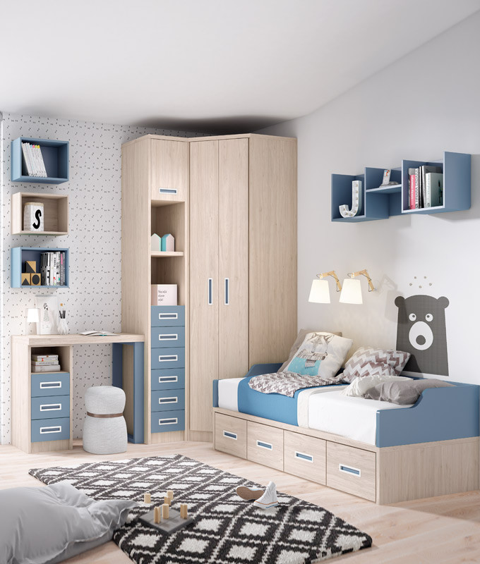 Dormitorio Juvenil con cama, armario rincón y escritorio Ref Z05B