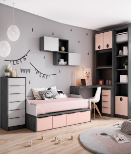 Dormitorio Juvenil con cama, armario tv, librería y escritorio Ref Z10
