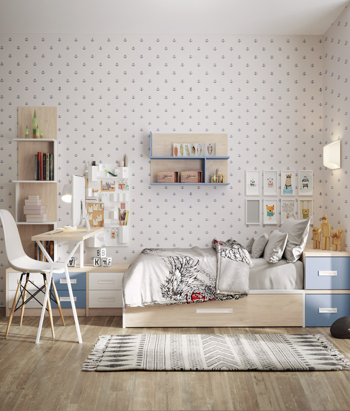 Dormitorio Juvenil con cama nido, contenedores, cajoneras, estanterías y  escritorio