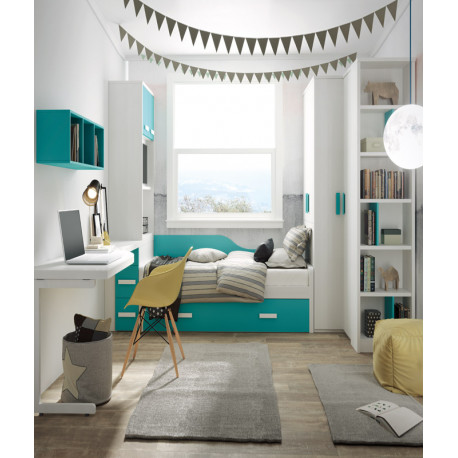 Dormitorio Juvenil con cama nido, armario rincón, Librería Tv, arcón y  escritorio