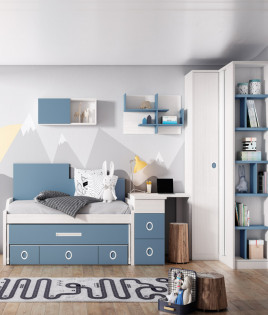 Dormitorio Juvenil con cama compacta, armario rincón, arcón y escritorio Ref Z19