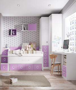Dormitorio Juvenil con cama compacta, armario rincón y escritorio Ref Z20