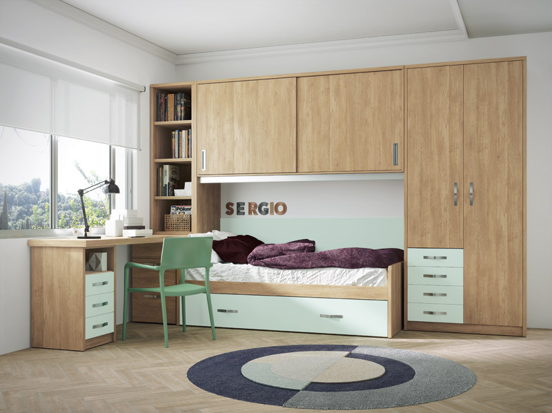 Dormitorio Juvenil con nido, armario, puente arcón escritorio