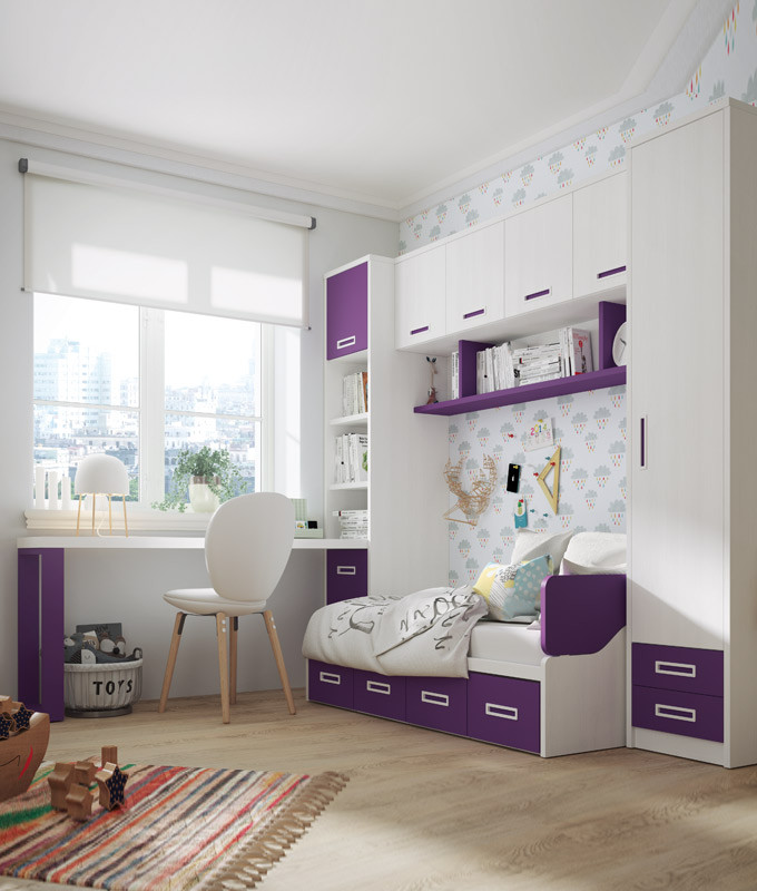 Dormitorio con cama, armario, puente, Librería y escritorio