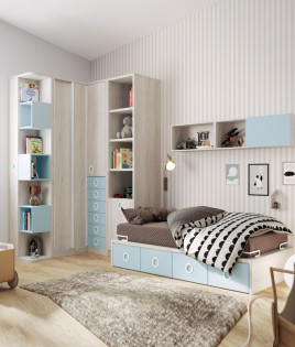 Dormitorio Juvenil con cama, armario rincón, librería y terminal zapatero Ref Z30