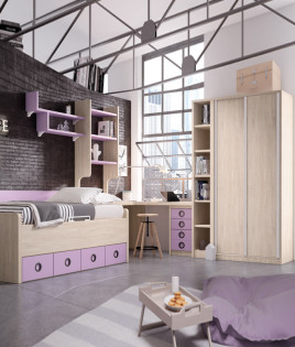 Dormitorio Juvenil con canapé abatible, armario, librería y escritorio Ref Z31