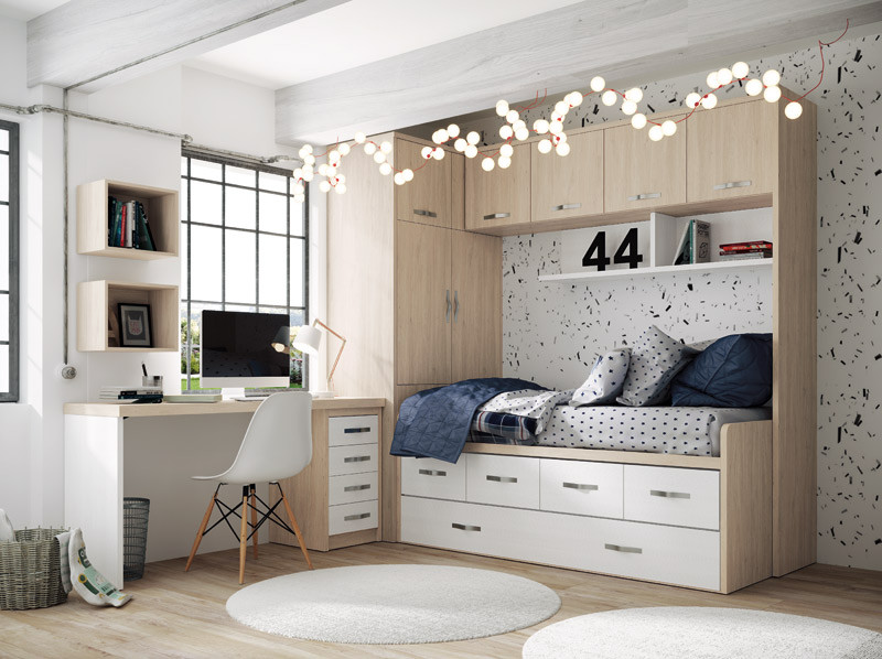 Dormitorio Juvenil con cama nido, armario, puente y escritorio