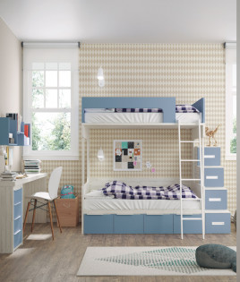 Dormitorio Juvenil con Litera, escalera y escritorio con cajonera Ref Z76