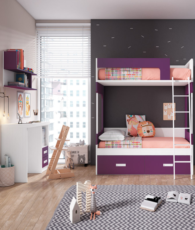 Dormitorio Juvenil con Litera y escritorio con cajonera Ref Z77