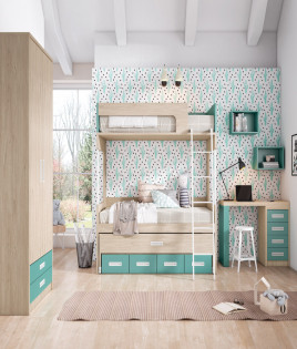 Dormitorio Juvenil con Litera, armario y escritorio con cajonera Ref Z78B