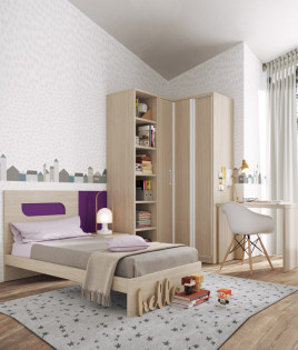 Dormitorio Juvenil con cama de 90, armario rincón, librería y escritorio Ref Z74