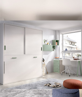 Dormitorio cama abatible con armario superior, escritorio y módulos estantes Ref YC404