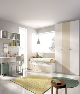 Dormitorio Juvenil con 2 camas, armario, escritorio y módulos estantes Ref YC101