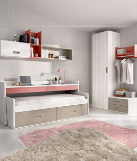 Dormitorio Juvenil con cama compacta, escritorio desplazable, armario, cajonera y módulos estantes Ref YC102