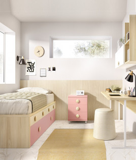 Dormitorio Juvenil con 2 camas, escritorio y módulos estantes Ref YC106