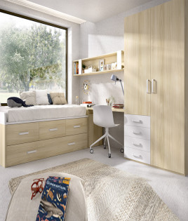 Dormitorio Juvenil con 2 camas, armario, arcón y escritorio Ref YC111