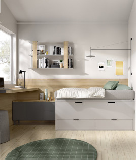 Dormitorio Juvenil con cama compacta, escritorio desplazable, armario,  cajonera y módulos estantes Ref YC102