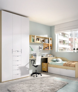 Dormitorio Juvenil con cama compacta, escritorio desplazable, armario,  cajonera y módulos estantes Ref YC102