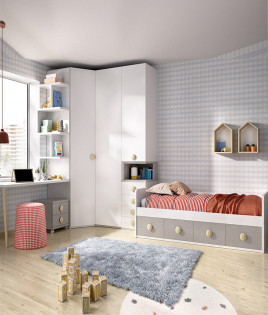 Dormitorio Juvenil cama nido, armario rincón y escritorio Ref YC207