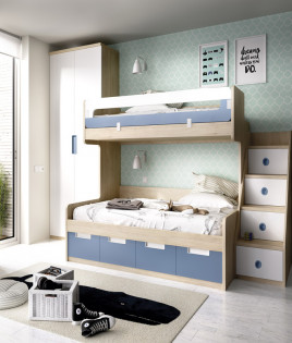 Dormitorio Juvenil con Litera con cama Matrimonial e individual, armario y librería Ref YH311