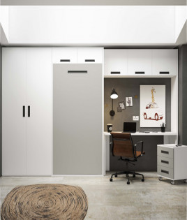 Dormitorio con cama abatible vertical con altillo, puente, armario y escritorio Ref Z24-29