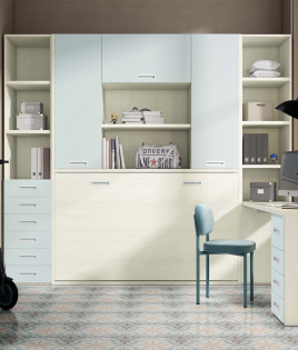 Dormitorio con cama abatible con altillo, estanterías y escritorio Ref Z24-35