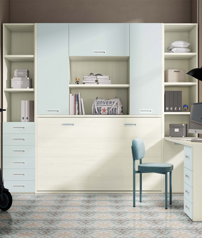 Dormitorio con cama abatible con altillo, estanterías y escritorio Ref Z24-35
