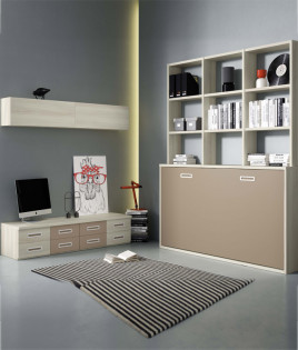 Dormitorio con cama abatible con estantería y módulos de salón Ref Z24-45