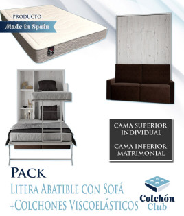Pack Litera Abatible Vertical Matrimonial con Sofá y Colchones Viscoelásticos Ref N39000