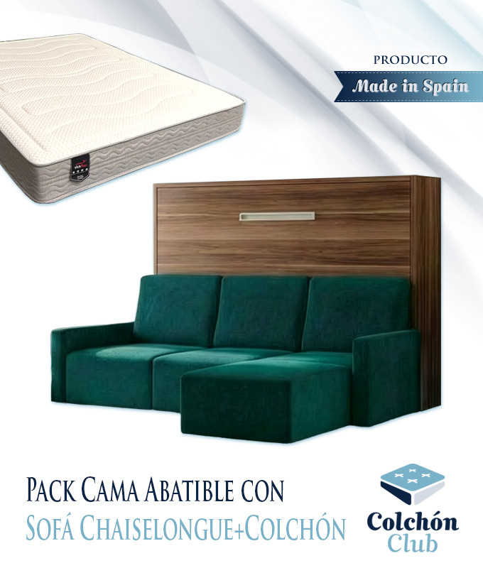 Pack Cama Abatible Horizontal con Sofá Chaiselongue y Colchón Viscoelastico Ref N90000