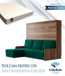 Pack Cama Abatible Horizontal con Sofá Chaiselongue y Colchón Viscoelastico Ref N94000