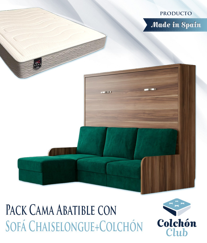Pack Cama Abatible Horizontal con Sofá Chaiselongue y Colchón Viscoelastico Ref N94000