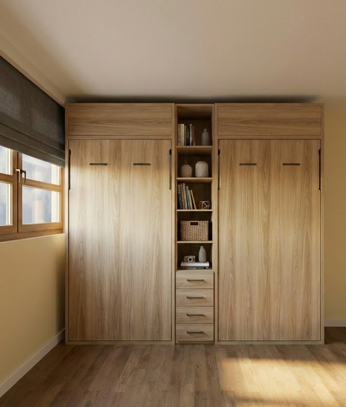 Dormitorio juvenil con 2 camas abatibles individuales y estantería central Ref YC521