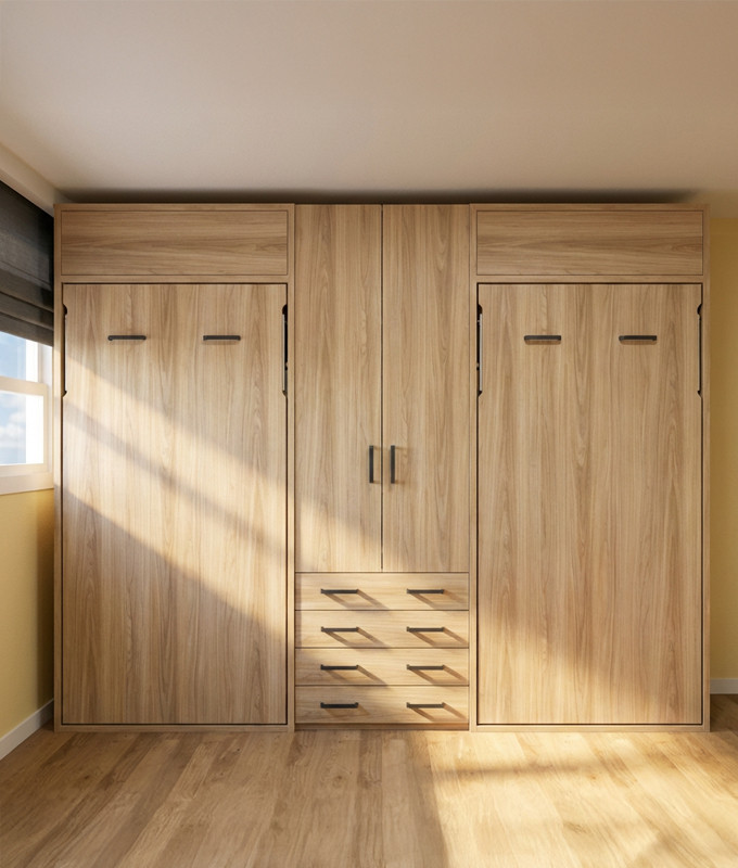 Dormitorio juvenil con 2 camas abatibles individuales y armario central Ref YC522