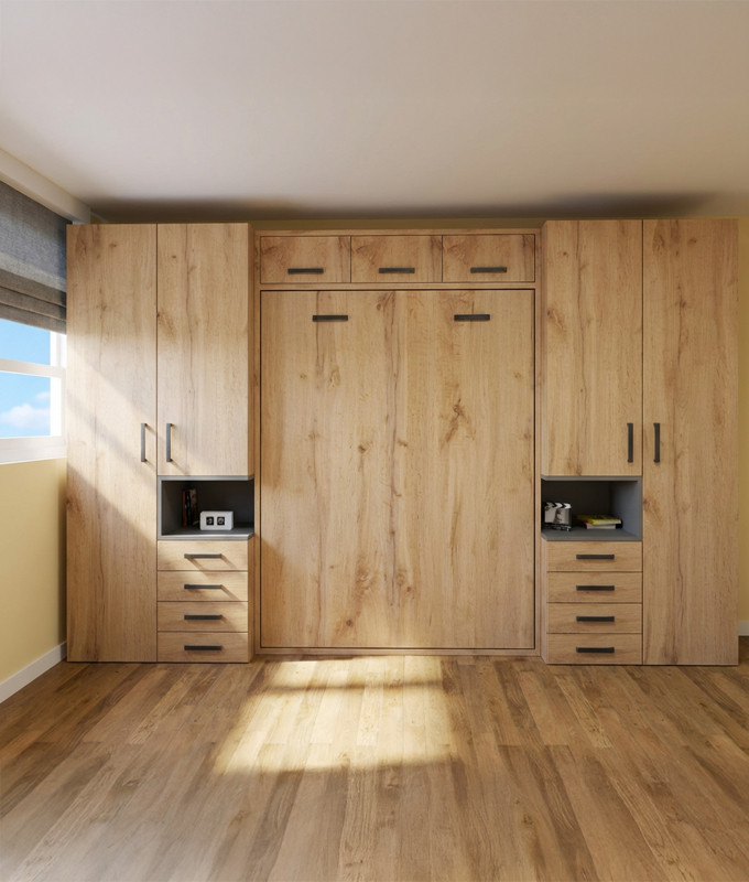 Dormitorio con cama abatible vertical matrimonial con altillo y armarios laterales Ref Z24-57