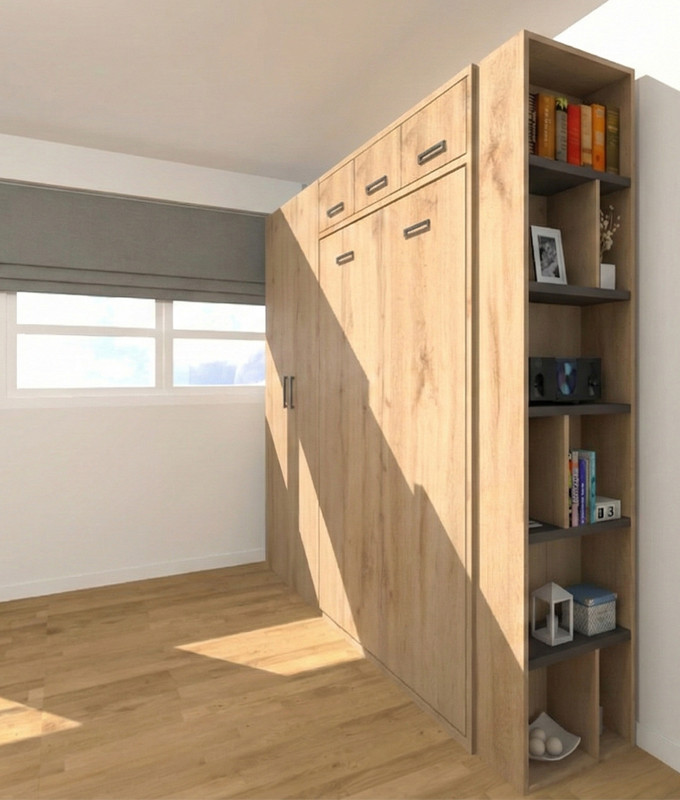 Dormitorio con cama abatible vertical con altillo, armario y estantería terminal Ref Z24-58